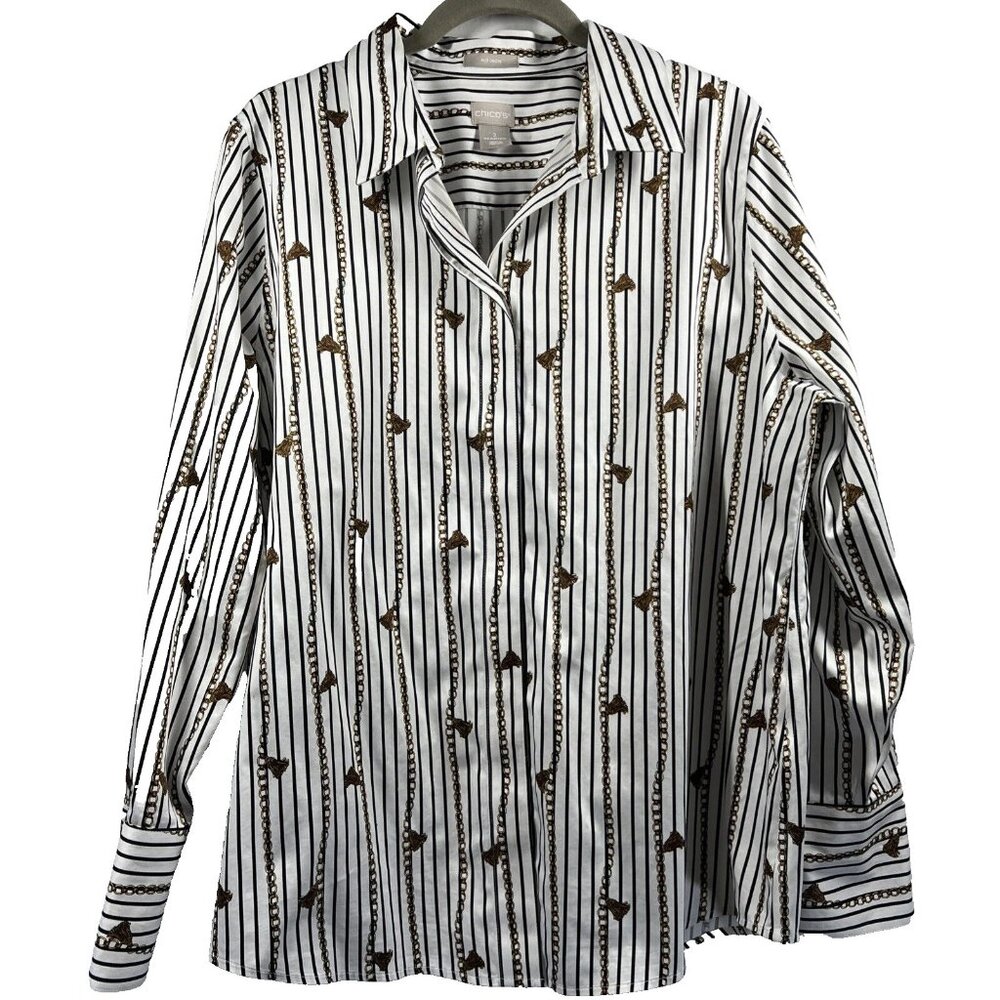Chicos Womens Blouse Top Size 12/14 Large Equestrian Train Button Up Black White